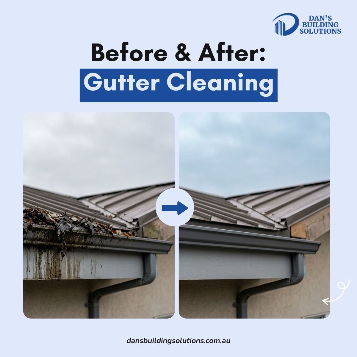 Clogged commercial gutter full of leaves and debris on a Melbourne building before and after professional gutter cleaning